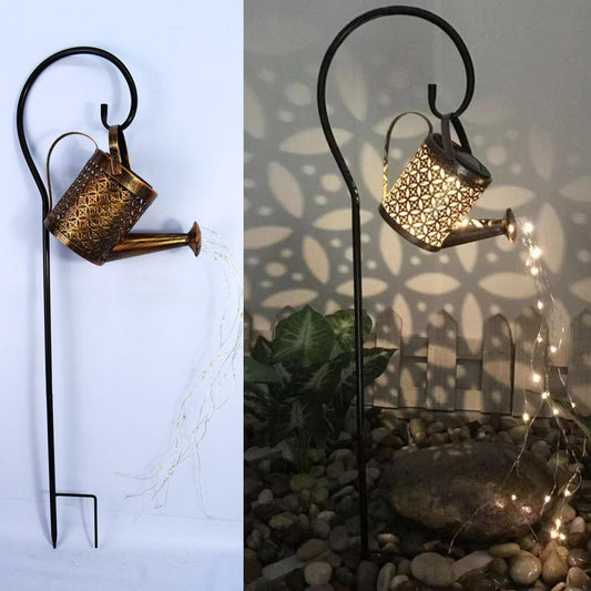 Enchanted Watering Can Outdoor Solar Watering Can Ornament Lamp Garden Art Light Decoration Hollow-out Iron Shower LED Lights - Pacisia