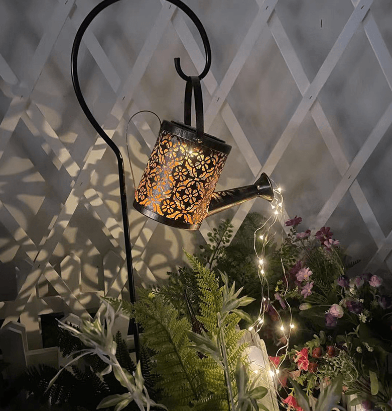 Enchanted Watering Can Outdoor Solar Watering Can Ornament Lamp Garden Art Light Decoration Hollow-out Iron Shower LED Lights - Pacisia