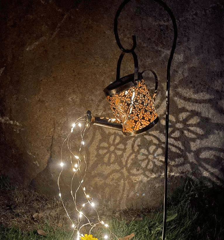 Enchanted Watering Can Outdoor Solar Watering Can Ornament Lamp Garden Art Light Decoration Hollow-out Iron Shower LED Lights - Pacisia