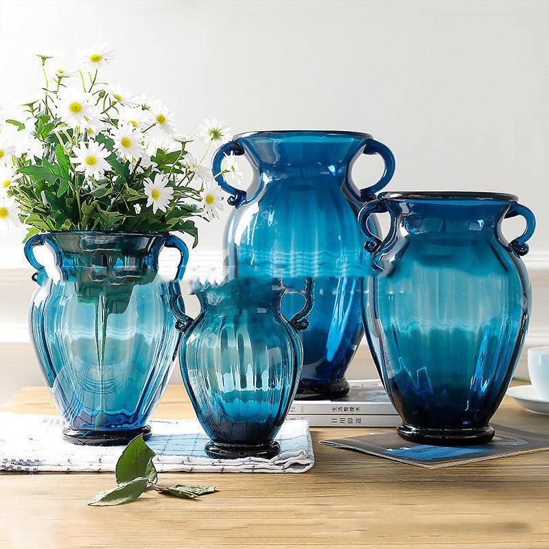 European Creative Blue Binaural Glass Vase Transparent - Pacisia
