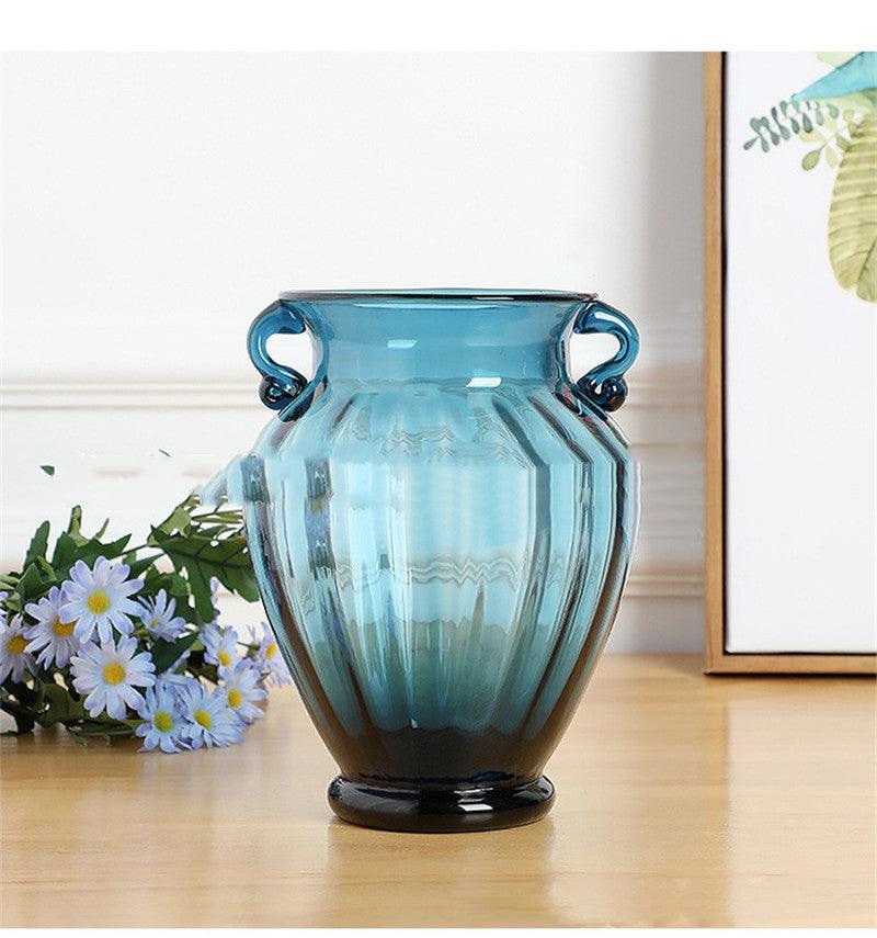 European Creative Blue Binaural Glass Vase Transparent - Pacisia