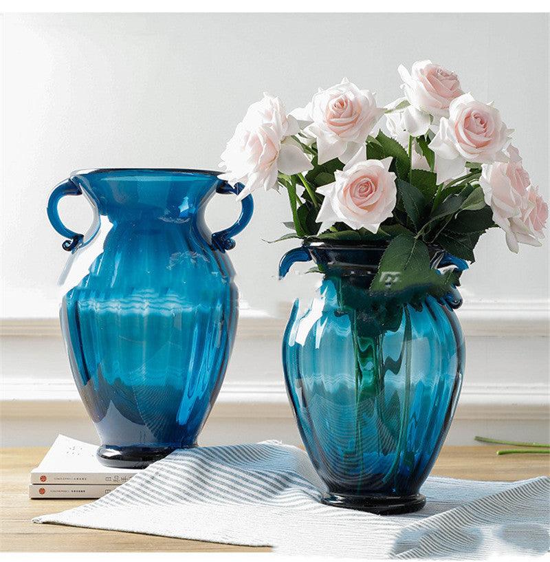 European Creative Blue Binaural Glass Vase Transparent - Pacisia