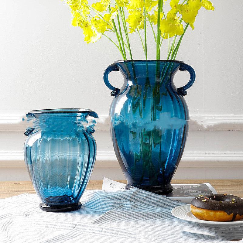 European Creative Blue Binaural Glass Vase Transparent - Pacisia