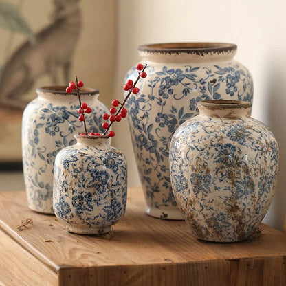 Ice Cracks Country Vintage Blue And White Porcelain Vase With Big Belly - Pacisia