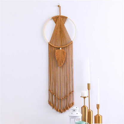 Leaf Macrame Wall Hanging Tapestry Cotton Woven Leaves Tassel Tapestries Door Porch Room Decorations Dorm Gifts - Pacisia