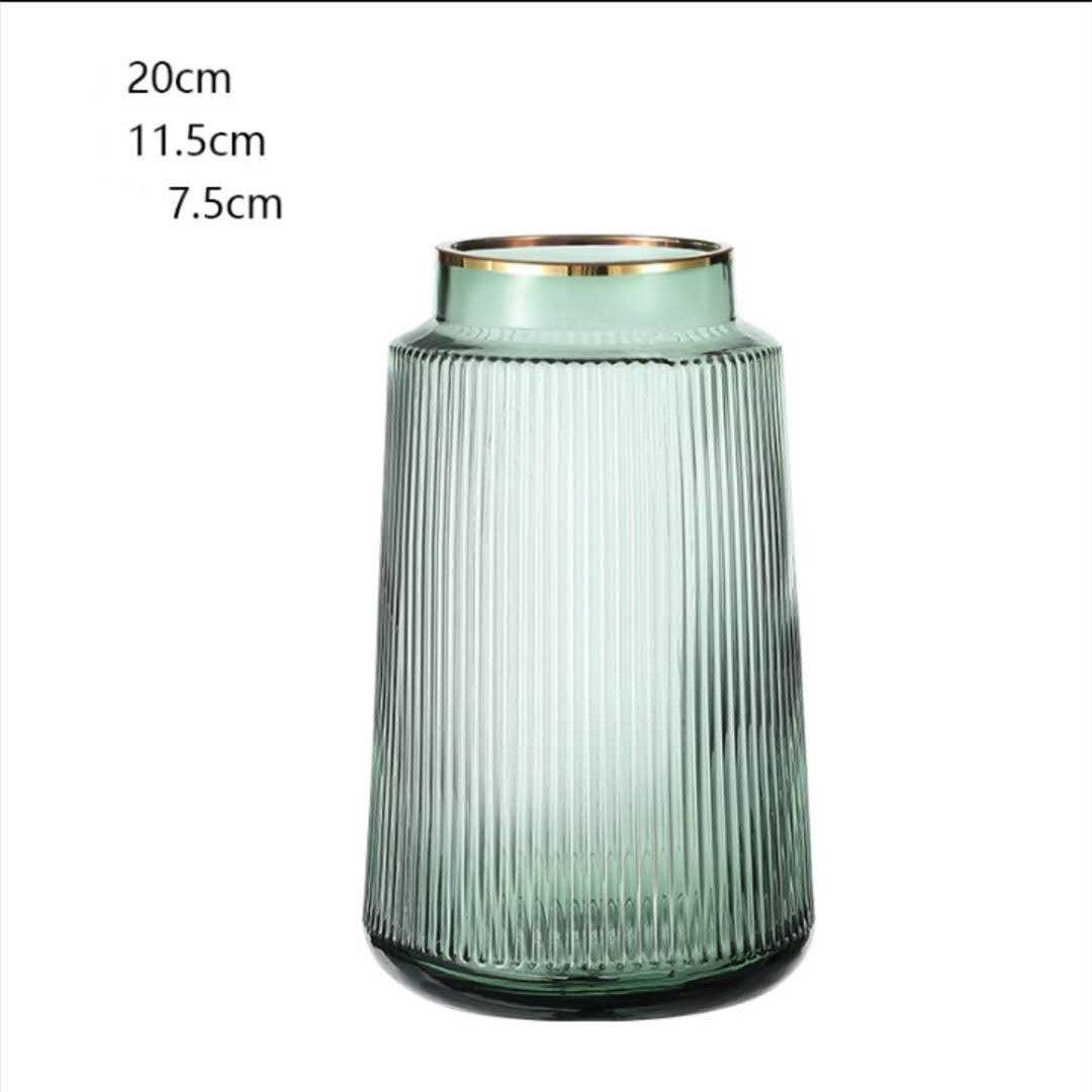 Light Luxury Retro Vertical Stripe Glass Vase With Gold Flower Arrangement - Pacisia
