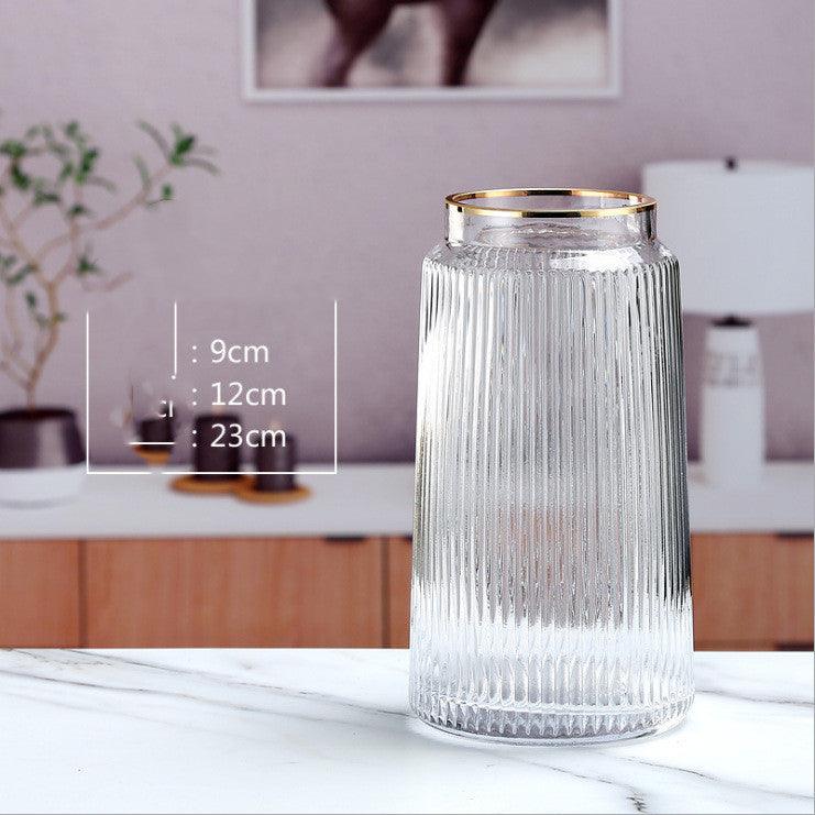Light Luxury Retro Vertical Stripe Glass Vase With Gold Flower Arrangement - Pacisia