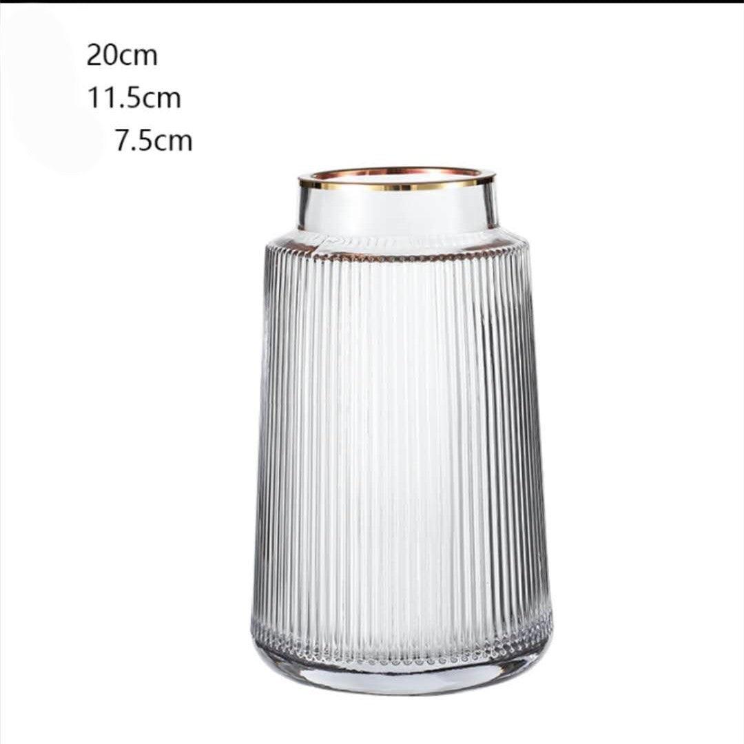 Light Luxury Retro Vertical Stripe Glass Vase With Gold Flower Arrangement - Pacisia