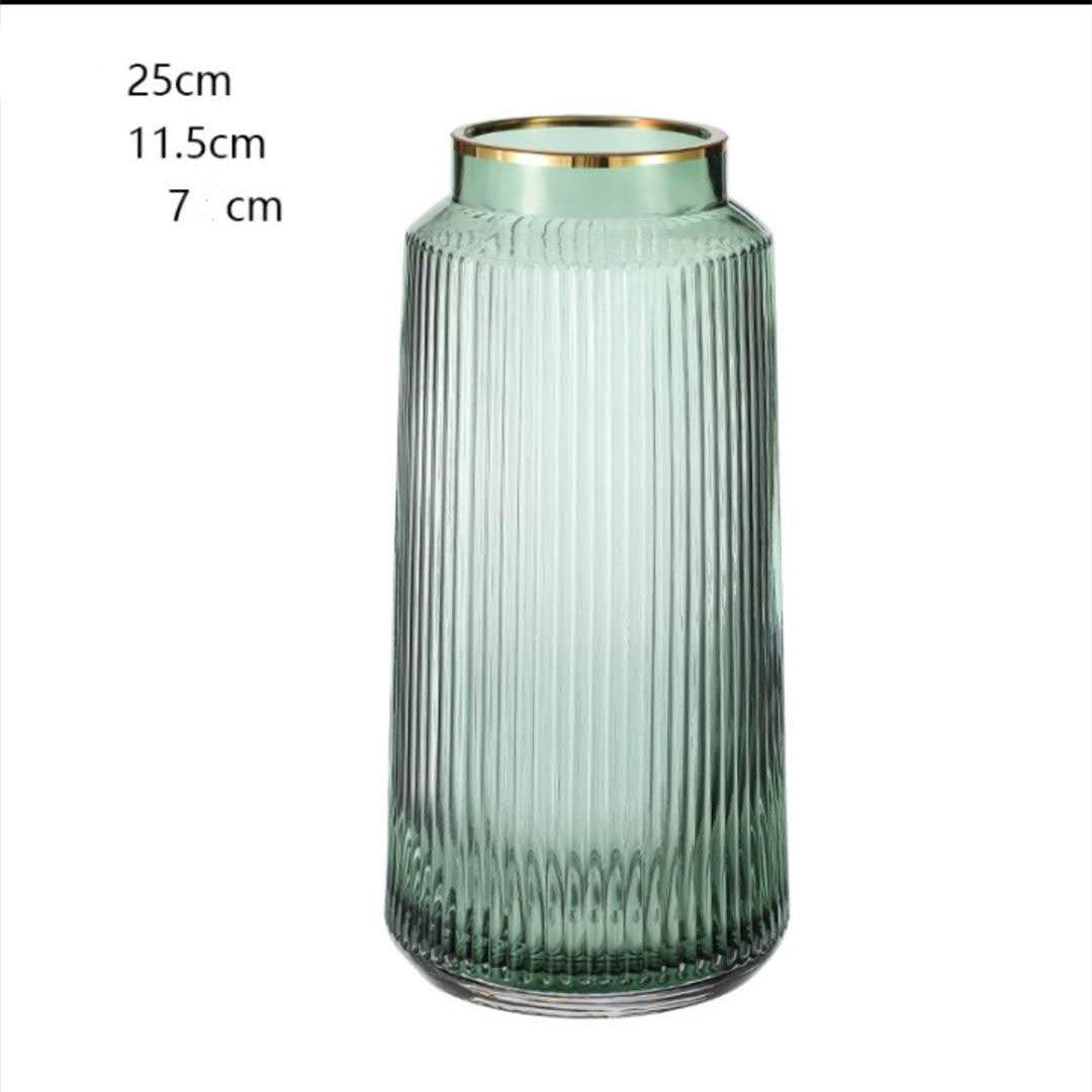 Light Luxury Retro Vertical Stripe Glass Vase With Gold Flower Arrangement - Pacisia