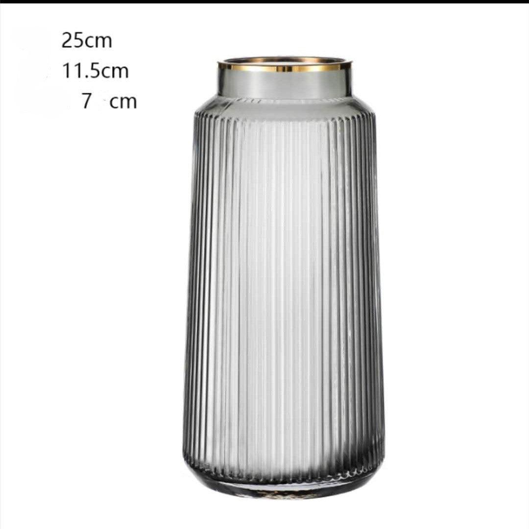 Light Luxury Retro Vertical Stripe Glass Vase With Gold Flower Arrangement - Pacisia