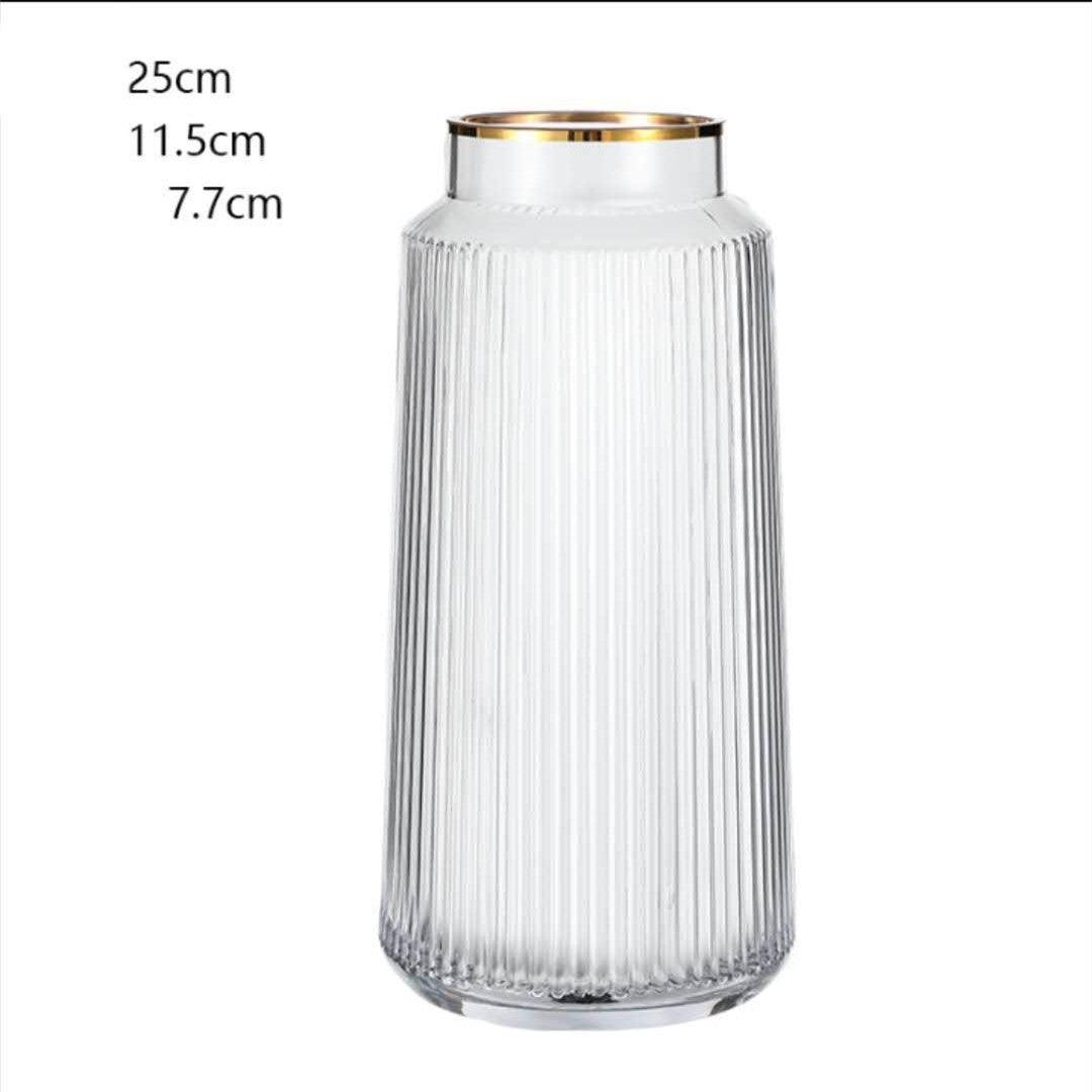 Light Luxury Retro Vertical Stripe Glass Vase With Gold Flower Arrangement - Pacisia