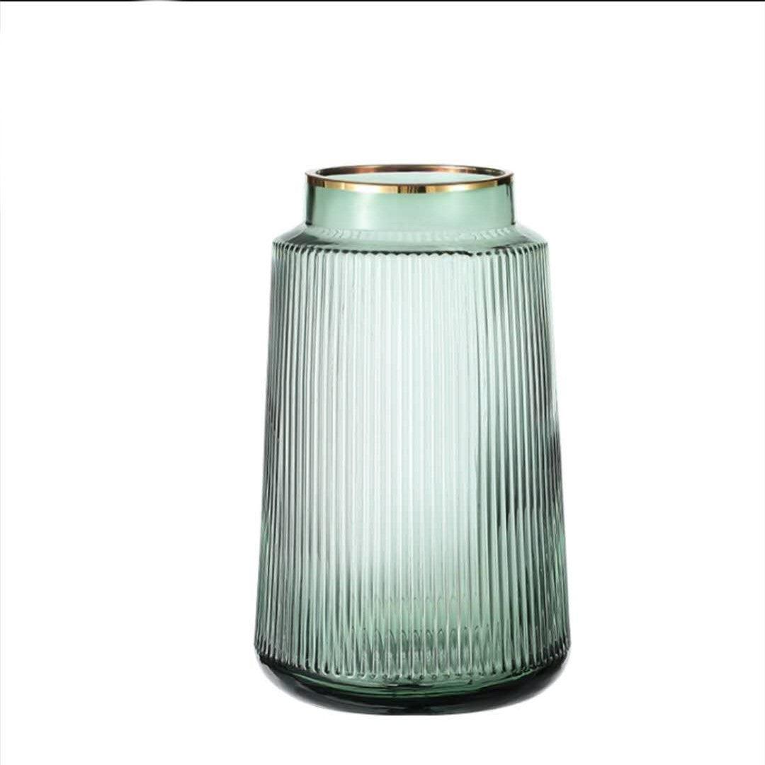 Light Luxury Retro Vertical Stripe Glass Vase With Gold Flower Arrangement - Pacisia