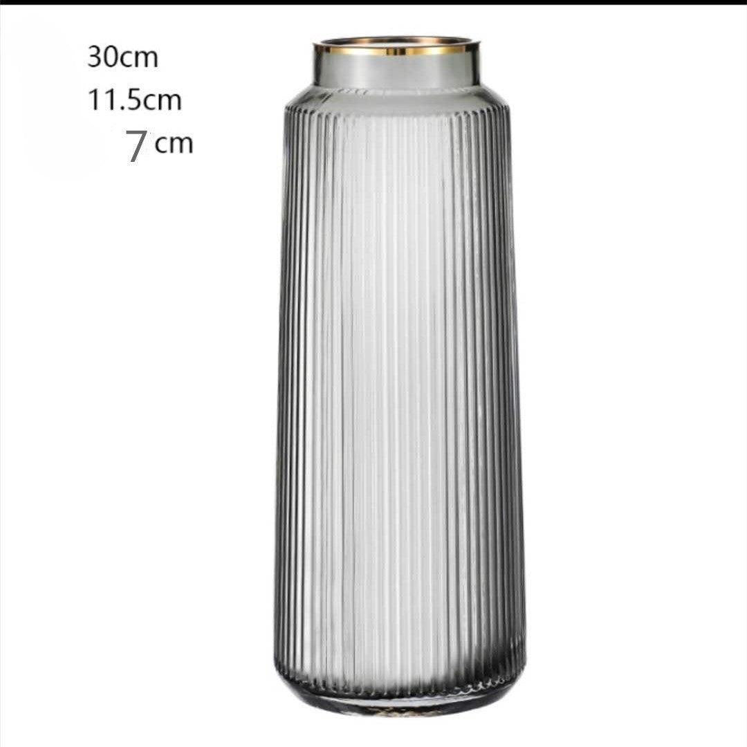 Light Luxury Retro Vertical Stripe Glass Vase With Gold Flower Arrangement - Pacisia