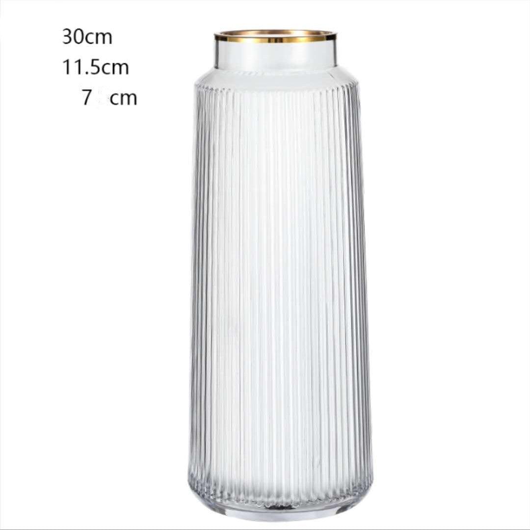 Light Luxury Retro Vertical Stripe Glass Vase With Gold Flower Arrangement - Pacisia