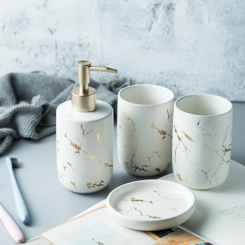 Marble Ceramic Bathroom Toothbrush And Mouthwash Cup Wash Set - Pacisia