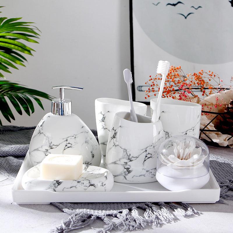 Marble Texture Ceramic Mouthwash Cup Bathroom Set - Pacisia