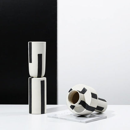 Minimalist Hand Painted Ceramic Vase With Vertical Lines - Pacisia