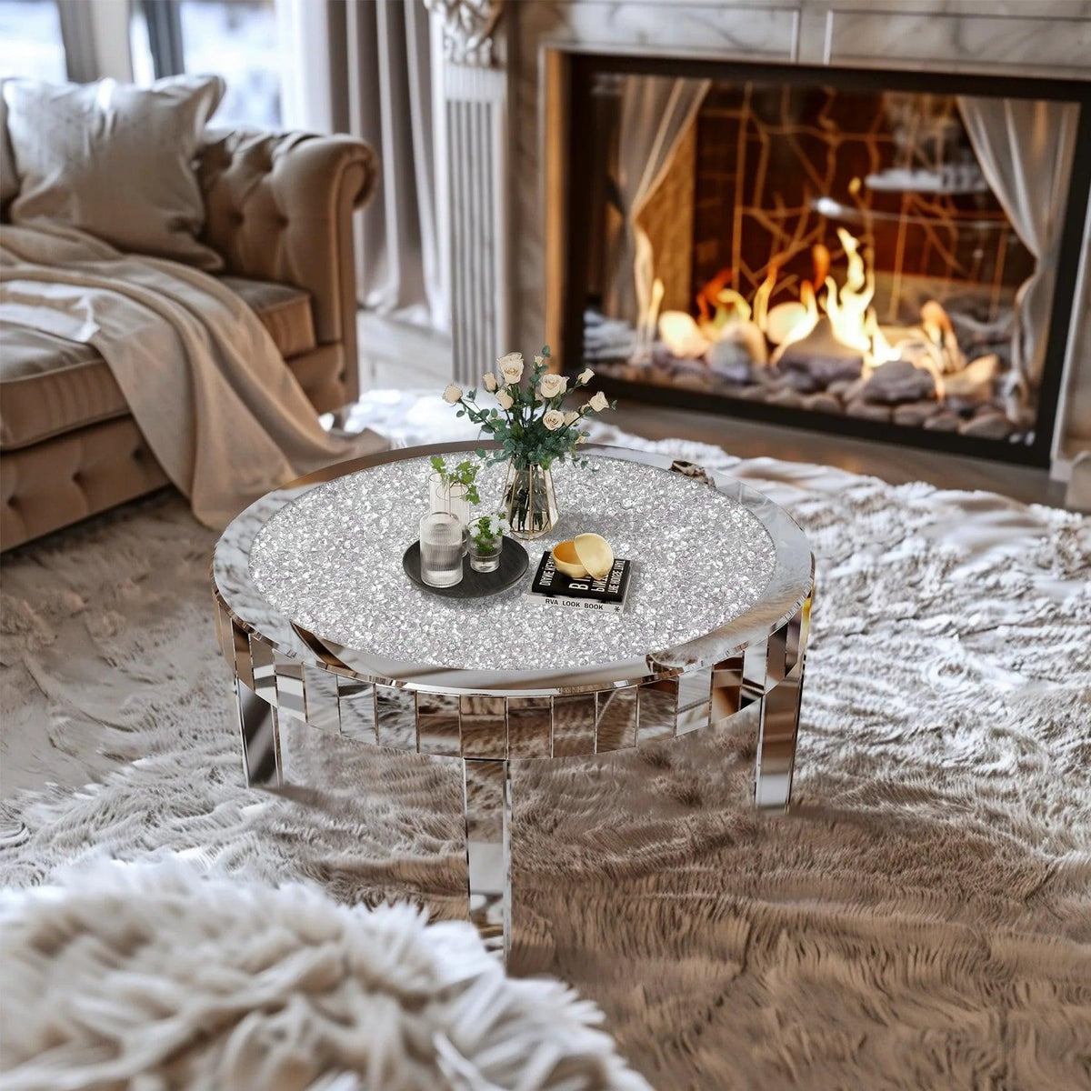 Mirrored Coffee Table with Crystal Inlay, 31.5'' Modern Round Coffee Table with Mirror Surface, Silver Accent Table Living Room - Pacisia