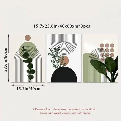 3pcs Modern Abstract Green Plants Leaf Sun Lines Wall Boho Art Canvas Painting Posters Prints Pictures Living Room Decor Gifts - Pacisia