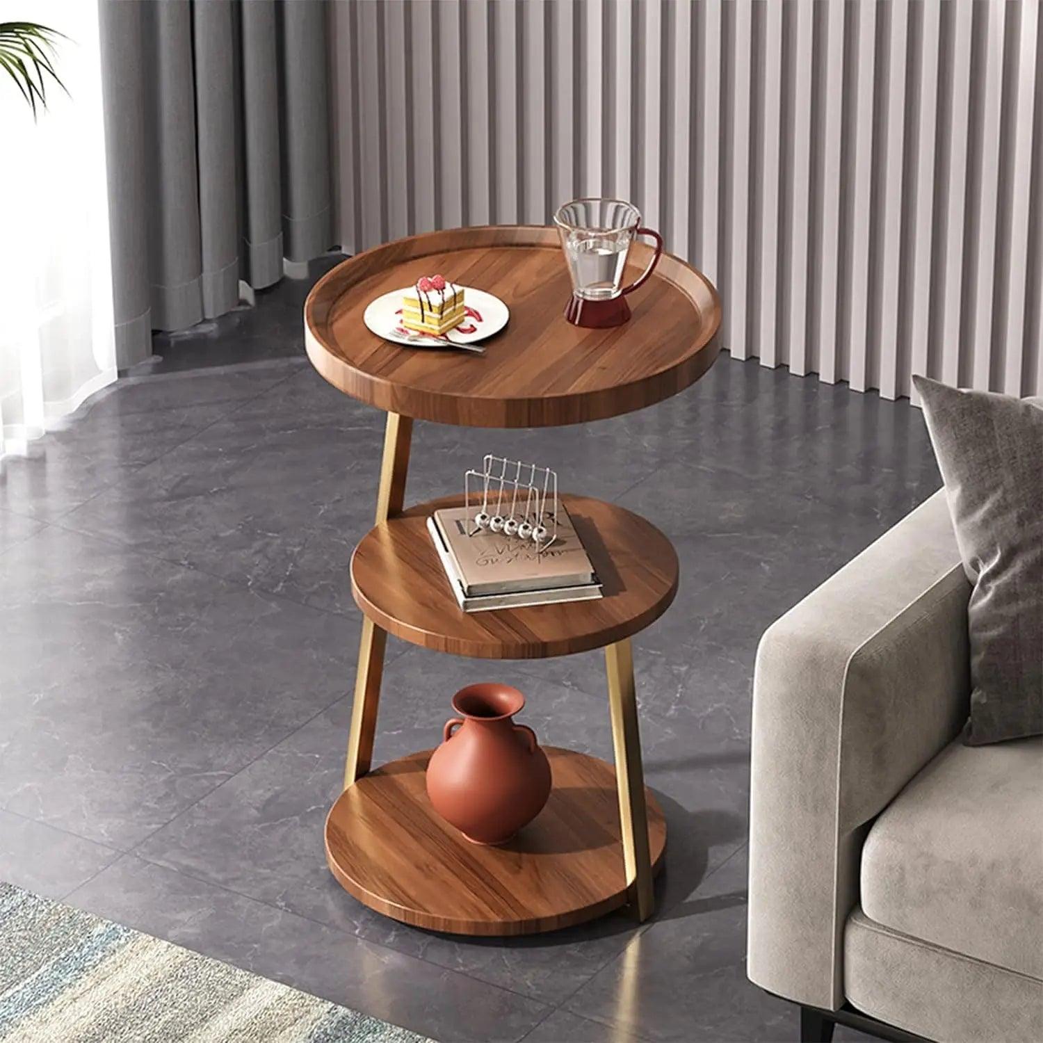 Nordic Three-layer Solid Wood Coffee Table Living Room Light Luxury Sofa Small Side Table Round Desktop Storage Removable Metal - Pacisia