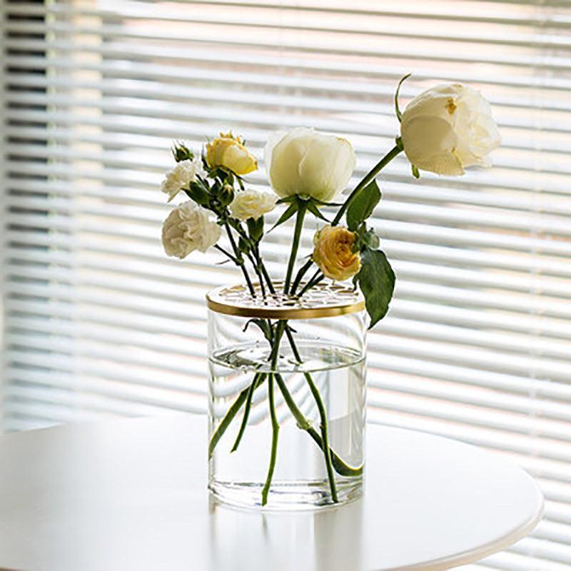 Nordic Transparent Glass Vase Golden Grid Cover Living Room Flower - Pacisia