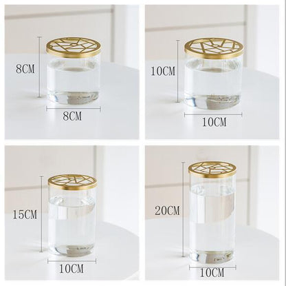 Nordic Transparent Glass Vase Golden Grid Cover Living Room Flower - Pacisia