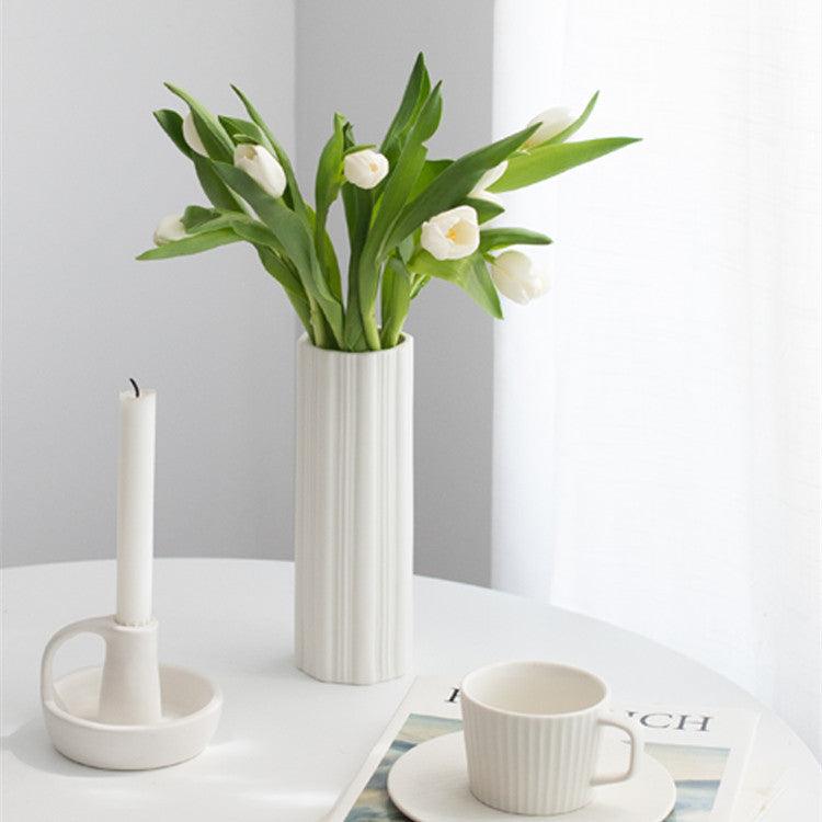 Nordic White Vertical Striped Ceramic Vase Living Room Home Decoration - Pacisia