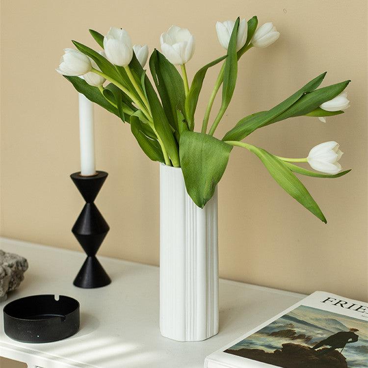 Nordic White Vertical Striped Ceramic Vase Living Room Home Decoration - Pacisia