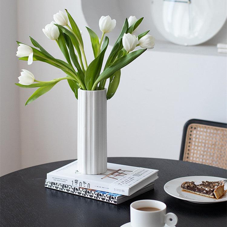 Nordic White Vertical Striped Ceramic Vase Living Room Home Decoration - Pacisia