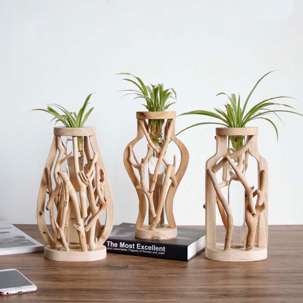 Pure Handwork Wooden Vase Decorated Solid Wood Flower Pot For Creative Glass Floral Hydroponic Container Home Decorative Vase - Pacisia