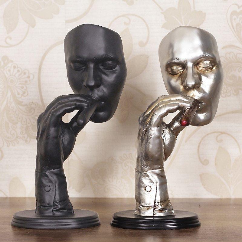 Retro Meditators Abstract Sculpture Man Smoking Cigar Creative Face Statue Character Resin Figurine Artwork Home Decorations - Pacisia