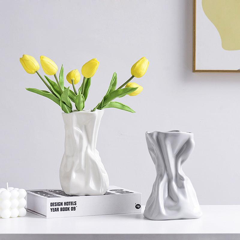 Simple Hydroponic Pleated Cream Style Ceramic Vase Ornaments - Pacisia