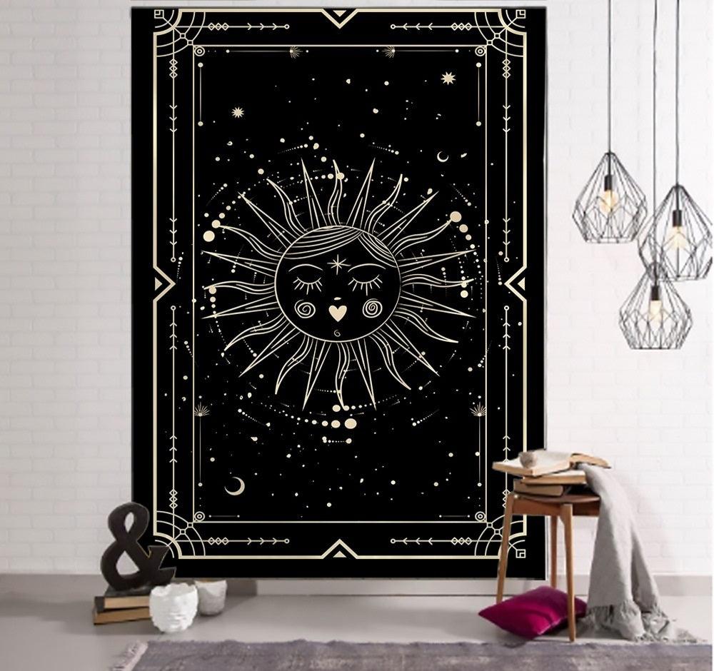 Witchcraft Tarot Tapestry Wall Hanging Black Khaki Sun Moon Star Universe Geometric Pattern Dorm Home - Pacisia
