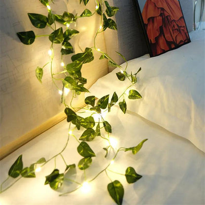 Flower Green Leaf String Lights Artificial Vine Fairy Lights Battery Powered Christmas Tree Garland Light for Weeding Home Decor - Pacisia