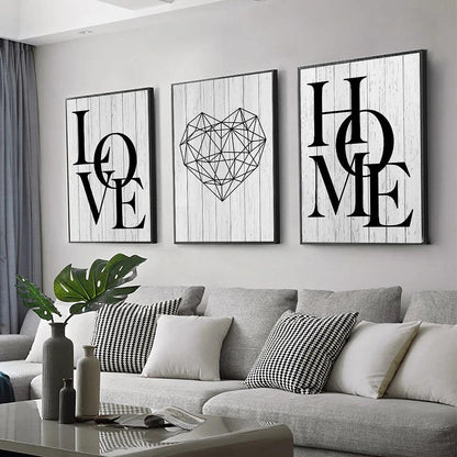 3pcs Love Home Diamond Heart Letter Canvas Prints Nordic Modern Living Room Wall Art Black White Decorative Paintings Home Decor - Pacisia